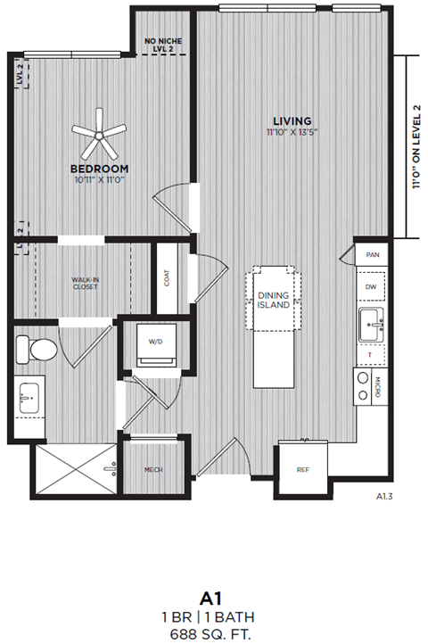 A drawing of a floor plan for a 1 bedroom, 1 bath apartment.